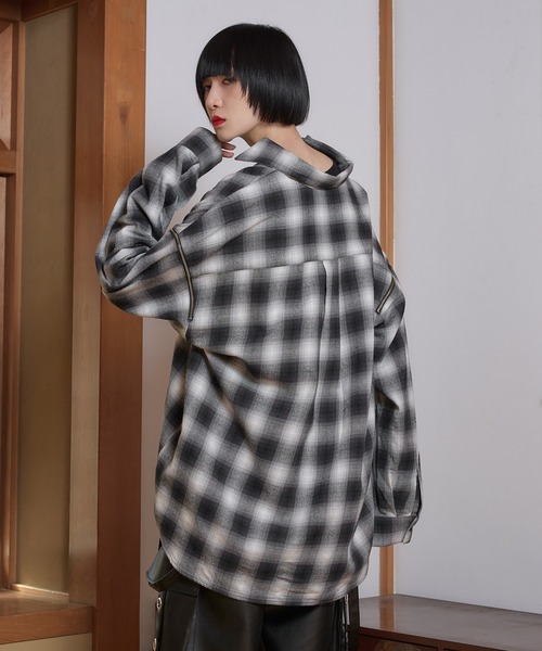 狐独 シャツ ジップアームオーバーチェックシャツ メンズ レディース