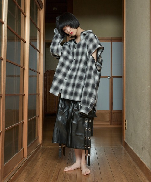 狐独 シャツ ジップアームオーバーチェックシャツ メンズ レディース