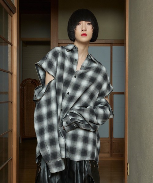 狐独 シャツ ジップアームオーバーチェックシャツ メンズ レディース