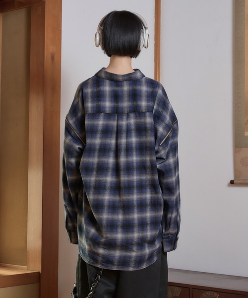 狐独 シャツ ジップアームオーバーチェックシャツ メンズ レディース