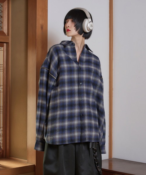 狐独 シャツ ジップアームオーバーチェックシャツ メンズ レディース