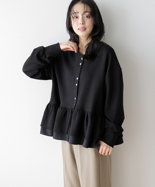 ルネ◆サマーカーディガン(S)紺 ペプラム フリル 上品 大人可愛い デート La-gemme（ラジェム） カーディガン 夏 ラッフルペプラムカーディガン