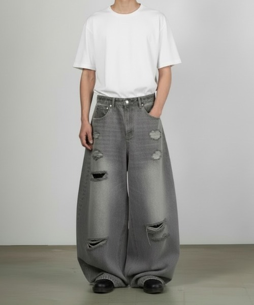 ROOP TOKYO ジーンズ ヴィンテージダメージワイドレッグ デニムパンツ