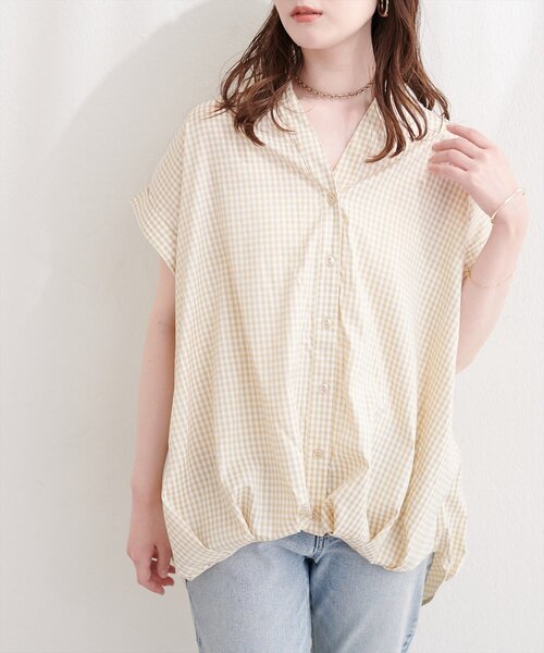 natural couture ブラウス シャツ 半袖 ギンガムチェック半袖シャツ