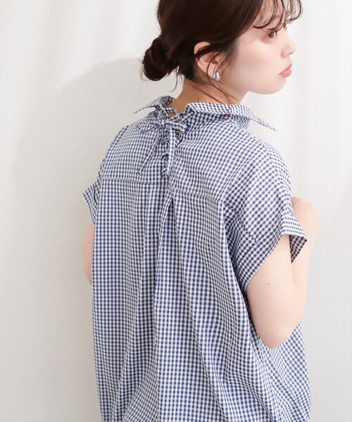 natural couture ブラウス シャツ 半袖 ギンガムチェック半袖シャツ