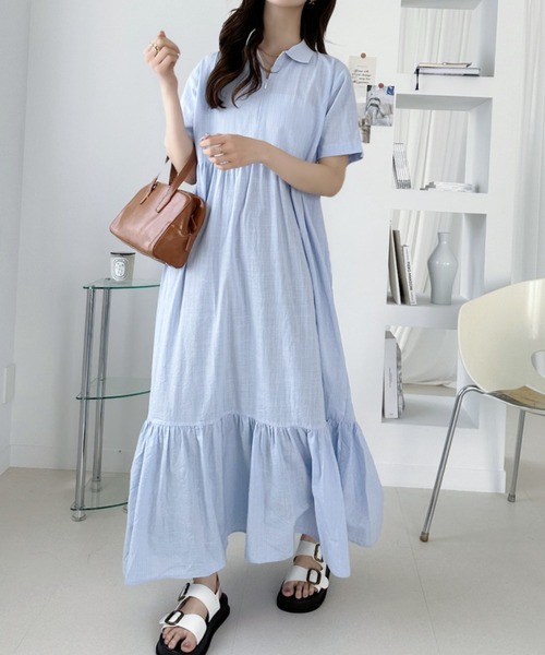 土日限定お値下げ★familiar 110cm　水色　 白襟　半袖ワンピース umune ワンピース 半袖 ハーフジップ ワンピース サッカー生地