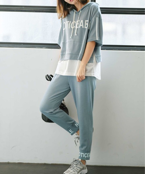 パーカー 裾レイヤードスポーティロゴパーカー＆パンツセット 「急な