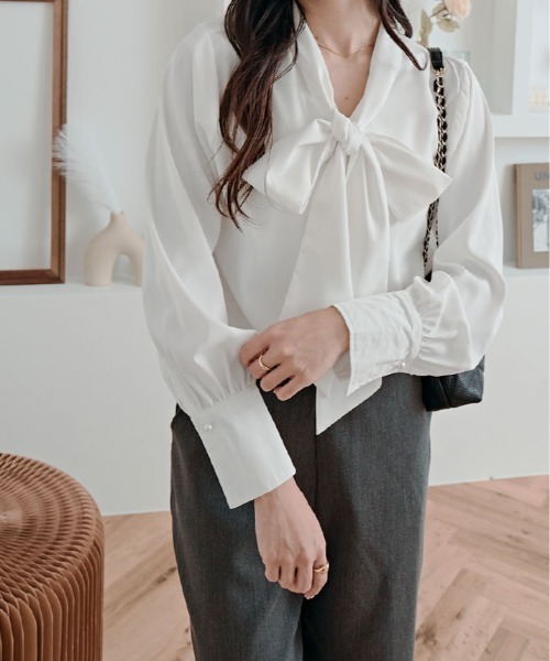 ブラウス シャツ 2way シフォン ジョーゼット ボウタイ レディース