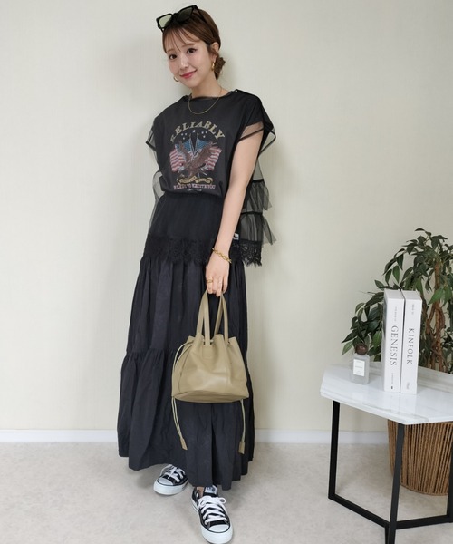 LOHEN チュールレイヤードプリントTシャツ ショッピングバッグ付き