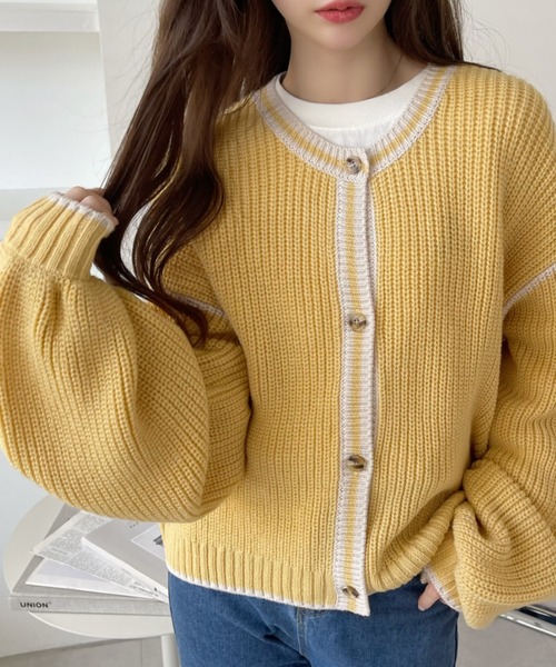 Eclat one カーディガン パイピング ざっくり 袖たぽ カーディガン