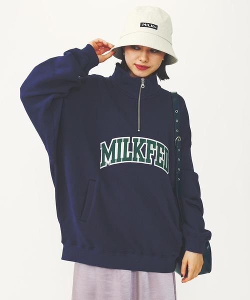 スウェット ミルクフェド MILKFED COLLEGE LOGO HALF ZIP TOP レディース トレーナー 緑 水色 ハーフジップ MILKFED. スウェット ミルクフェド MILKFED COLLEGE LOGO HALF