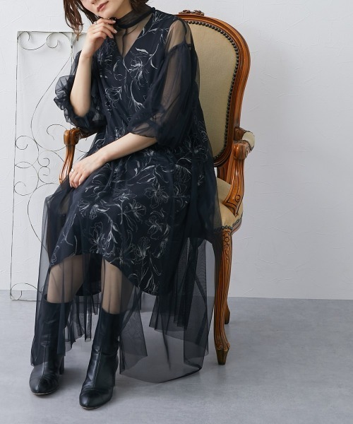 Neina ドレス プリント重ね使いチュールワンピースドレス 大きいサイズ