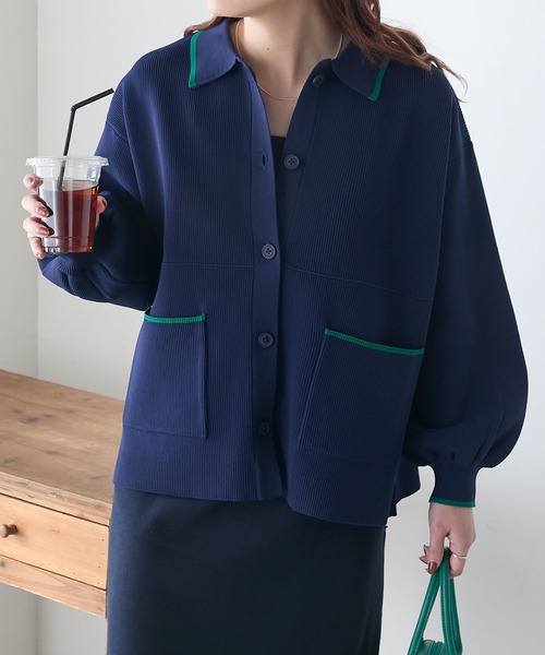 ニット セーター 配色ラインニットポロ レディース セール☆2490円→1990円 配色ラインニットポロシャツ レディース