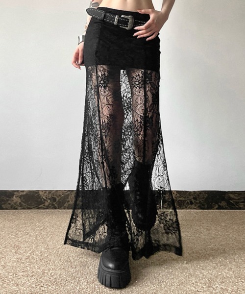 スカート シアー レースドッキング スリットロングスカート : ZOZOTOWN