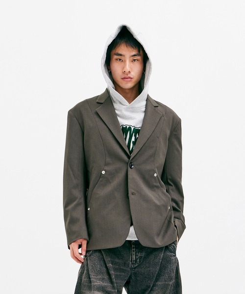 【美品】レオナール　テーラードジャケット　伸縮性　ロゴボタン　2B ネイビー　L CONZ ジャケット テーラードジャケット オーバーサイズ2Bブレザー