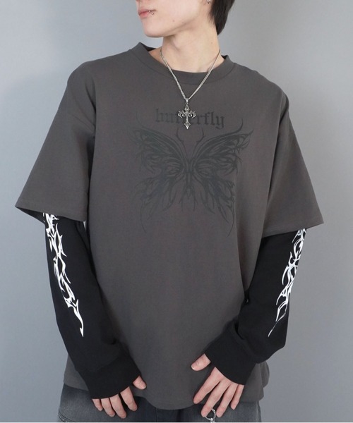 SPINNS tシャツ グランジフェイクレイヤード長袖ロンT