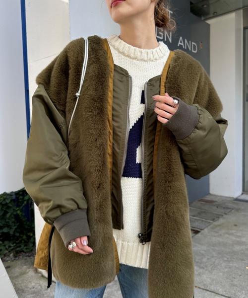 【美品】 etsinta エシンタ ファー 切替 ジャケット カーキ etsinta（エシンタ） ジャケット ONE SIZE カーキ レディース