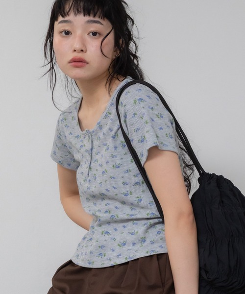 HEILIS tシャツ 花柄サーマルヘンリートップス/夏服 春服 韓国