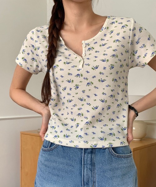 HEILIS tシャツ 花柄サーマルヘンリートップス/夏服 春服 韓国