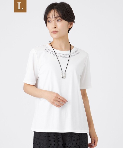 tシャツ 「L」「接触冷感」「ウォッシャブル」ネックエンブロイダリーカットソー レディース