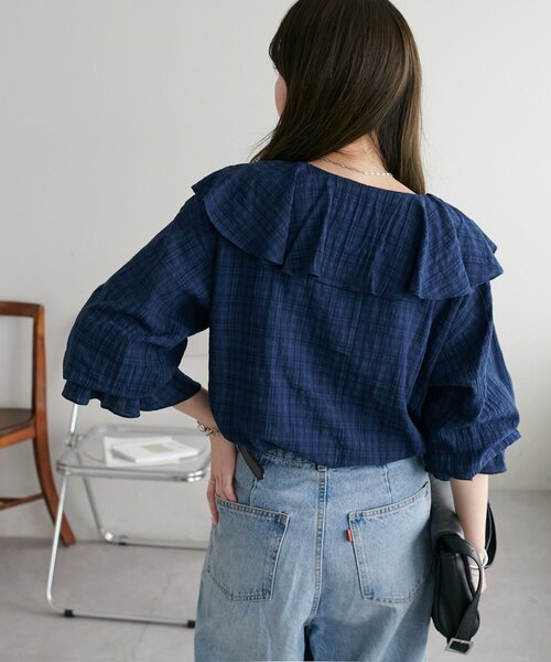 マディソンブルー　チェックフリルシャツ マディソンブルーラウンドカラーフリルシャツギンガムチェック