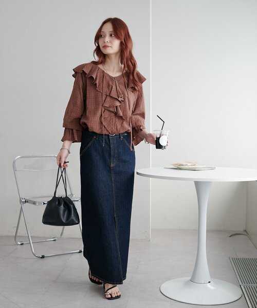 エンフォルド 美品 コットン SCOTチェック ベルテッドフリルブラウス トップス レディース イエロー×ブラック 38 300FS130-2390 38 高評価！大人の華やぎチェックフリルブラウス（2002592792