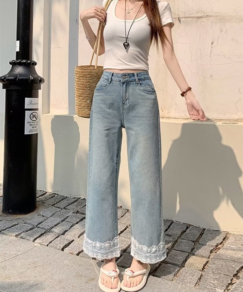 Dream garden ジーンズ デニム デニムパンツ 裾レース付き9分丈