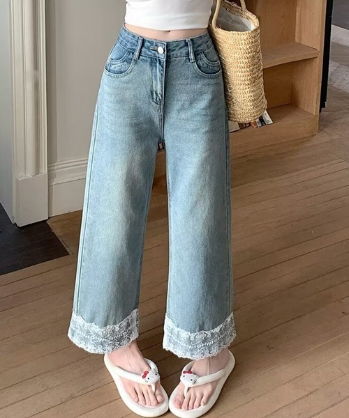 スーパービューティ☆裾レースデニム風パンツ42（L）新品未使用タグ付き スーパービューティ☆裾レースデニム風パンツ42（L）新品未使用