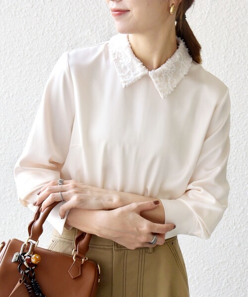 SHIPS any ブラウス シャツ any:「洗濯機可能」サテン レースカラー