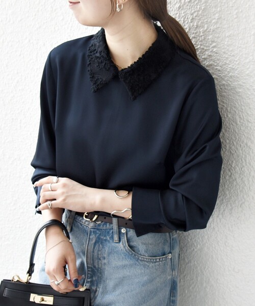 SHIPS any ブラウス シャツ any:「洗濯機可能」サテン レースカラー