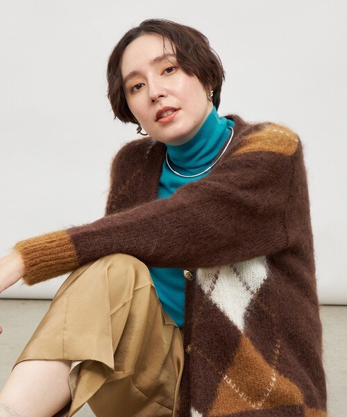 カーディガン モヘアインターシャアーガイルVネックカーディガン レディース