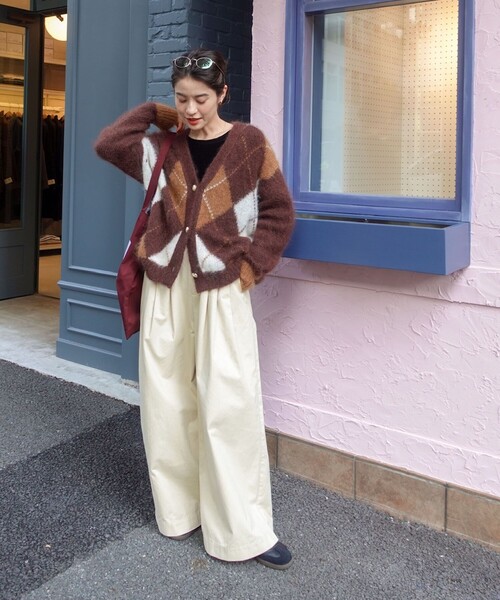 カーディガン モヘアインターシャアーガイルVネックカーディガン レディース Laraaji カーディガン モヘアインターシャアーガイルVネック