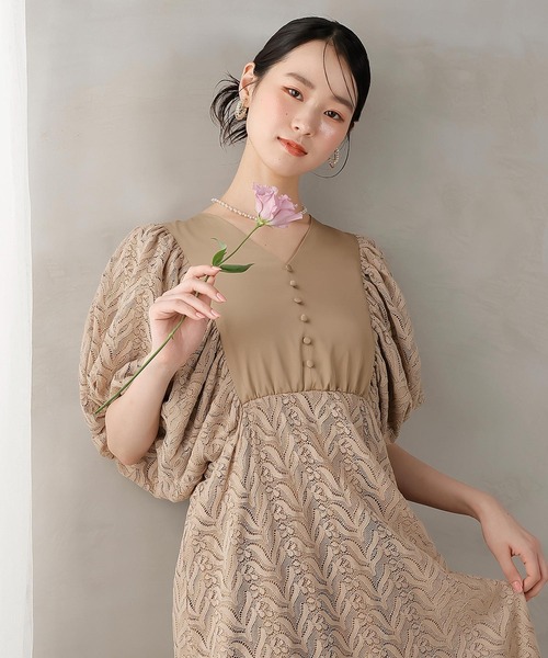 kana パーティードレス　ベージュ　M Kana ドレス レース ドルマンスリーブ ワンピースドレス パーティー