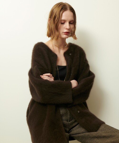 【美品】セオリー/コットンウールバイカラーコーディガン/ニットコート/ブラック allureville ノーカラーコート コート シアリングニットコーディ