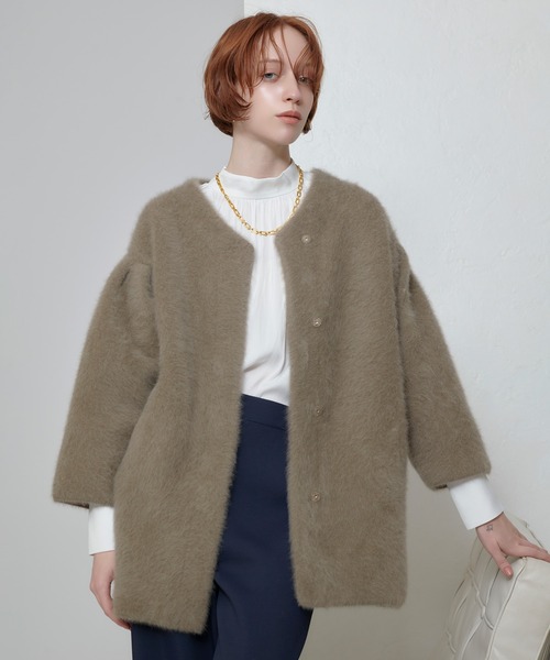 allureville ノーカラーコート コート シアリングニットコーディガン