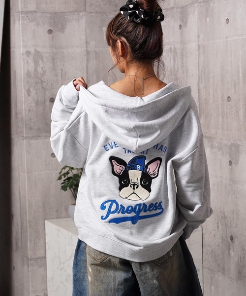 パーカー フレンチブルドッグ サガラ刺繍 ジップパーカー / French