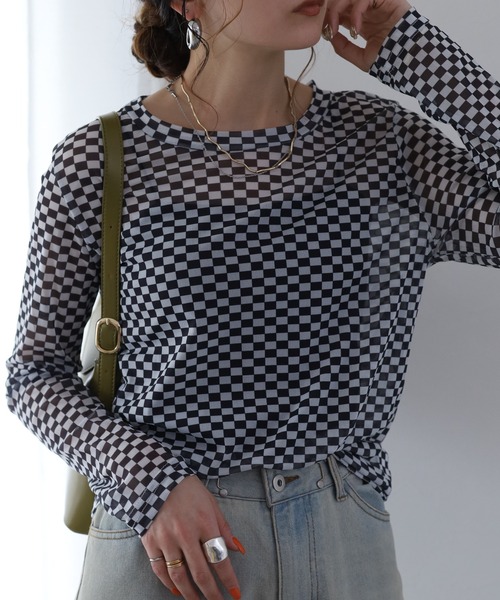Crossi tシャツ 市松模様 チュールレース長袖カットソー レディース