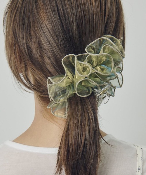 no.158 再販♡グリーン×ホワイトのヘアクリップ✩.*˚ GOLDY（ゴールディ） ヘアクリップ 「GOLDY」ラッフル シアー バンス
