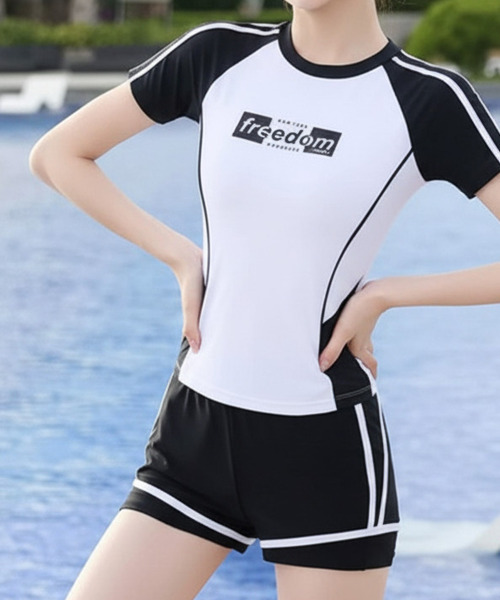 FIED 水着ショーツ 白黒スプラッシュ 水着 ライン配色 ショートスリーブラッシュガードxショーツ 2点セット