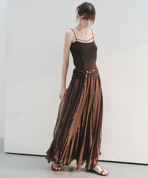 tageechita ブラウン フリルレースティアードスカート tageechita ロング スカート 「tageechita」アシンメトリーレイヤード