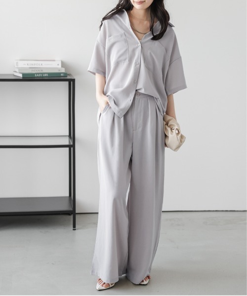 LAGUA GEM セットアップ トップス ボトムスセットグレー 韓国ブランド La-gemme（ラジェム） セットアップ シャツ＆ワイドパンツセットアップ