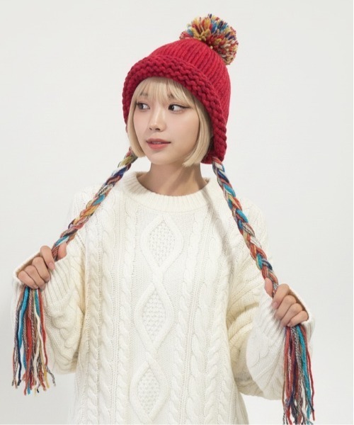 ニット帽 ニットキャップ 「HIKA」ポンポン付きタッセル編み込み