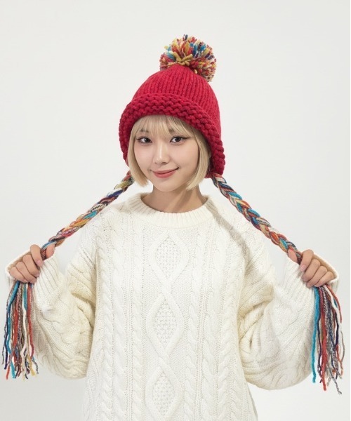 ニット帽 ニットキャップ 「HIKA」ポンポン付きタッセル編み込み
