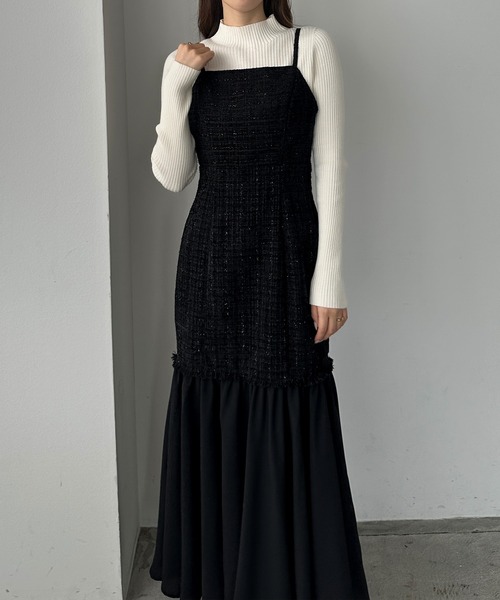 Louere（ルエレ） ワンピース 異素材切り替えラメツイードマーメイド