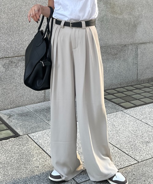 I-SOOK スラックス パンツ ベルト付きタックワイドスラックス