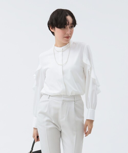 セレモニー　フロントフリル ブラウス　　ビーミングビーバイビームス　白　M B：MING by BEAMS ブラウス シャツ 「オフィス・フォーマル