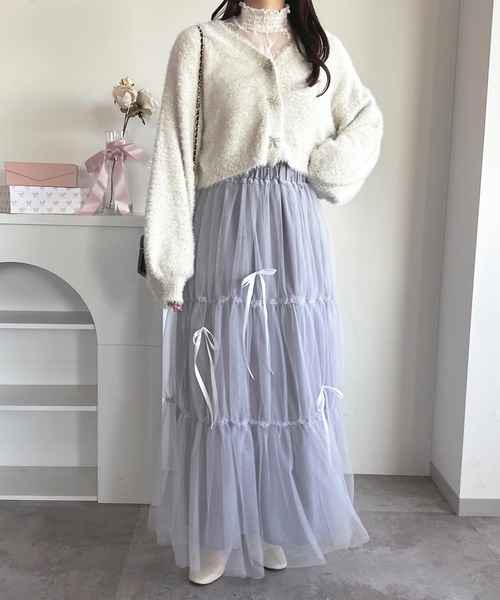 正規品♡リボン柄プルオーバー♡オフホワイト apres jour（アプレジュール） スカート チュールリボンスカート