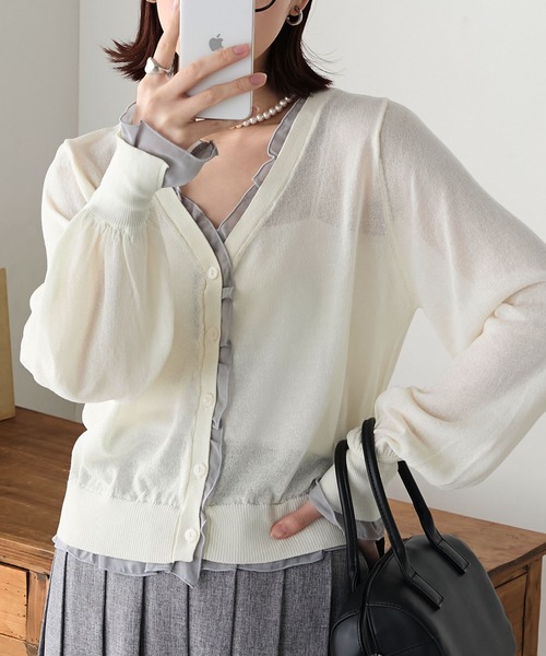 BONLECILL カーディガン レイヤード風配色シアーカーディガン
