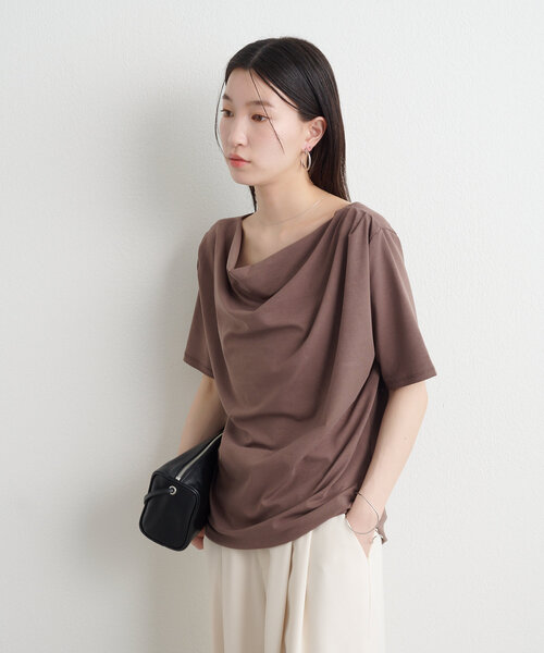 Omekashi tシャツ ボートネックドレープ半袖Tシャツ レディース