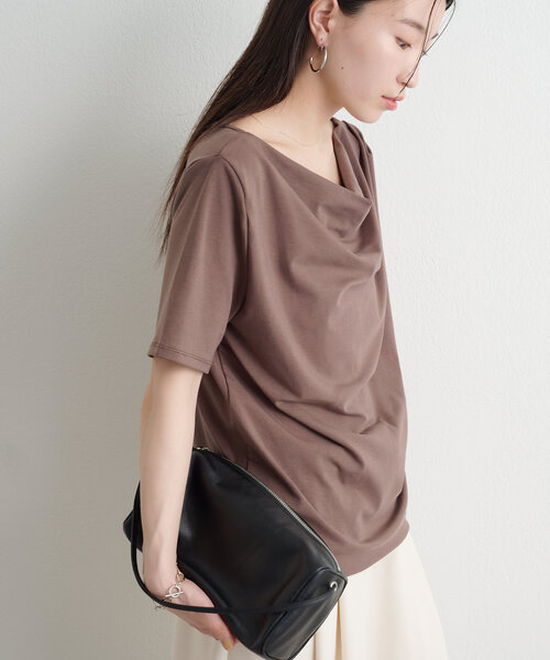 Omekashi ボートネックドレープ半袖Ｔシャツ　チャコールグレー 新色追加/ライトグレー・チャコールグレー】ボートネック